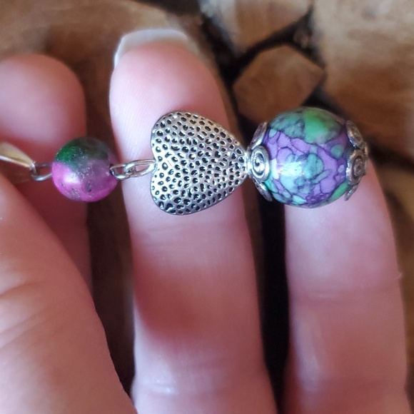 New Rainbow Jasper & Ruby In Fuchsite Ball Silver Heart Pendant. - Picture 10 of 12